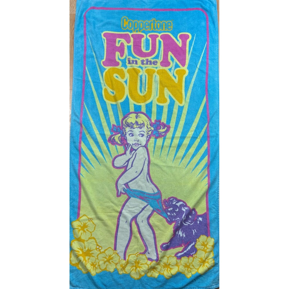 Vintage Coppertone Beach Towel Fun in the Sun Girl Dog Graphic Blue 2007 Retro